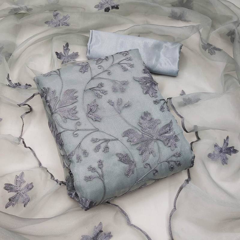 Women's organza silk embroidery unstitched dress material