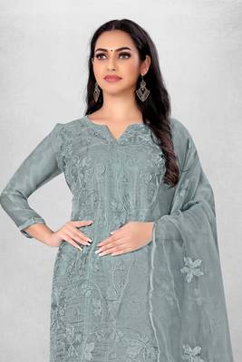 Women's organza silk embroidery unstitched dress material 4