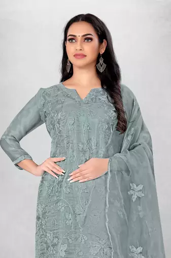 Women's organza silk embroidery unstitched dress material