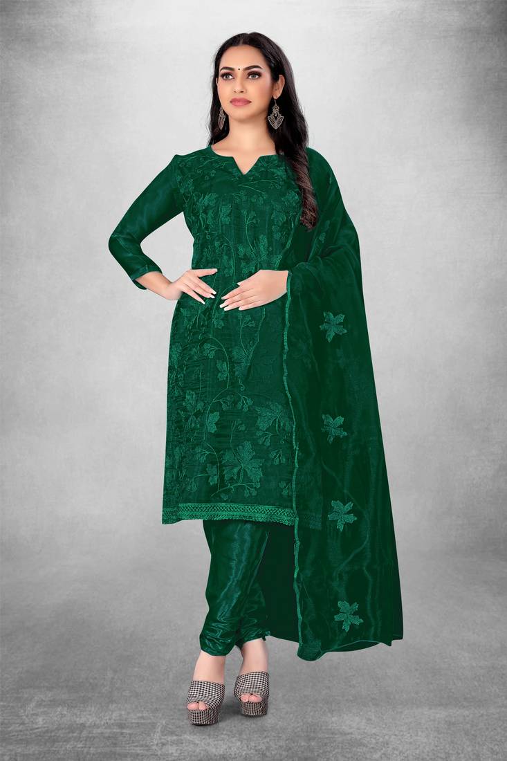 Women's organza silk embroidery unstitched dress material