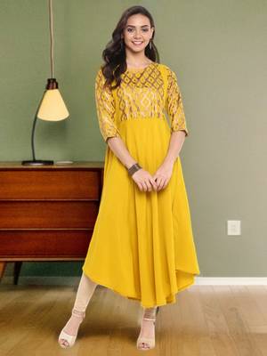 Yellow printed crepe kurti 1