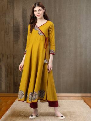 Women'S Cotton Slub Patch Work Angrakha Kurta (Mustard) 1