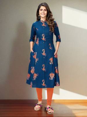 Women's Foil Printed A-Line Rayon Blue Kurta 7