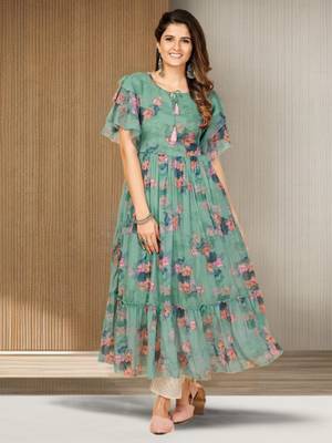 Vbuyz Women's Printed Anarkali Chiffon Aqua Green Stitched Kurta 7