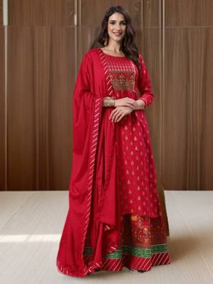 SheWill Red Foil Printed Gotta Patti A-Line Vicsose Rayon Kurta with Skirt & Dupatta 8