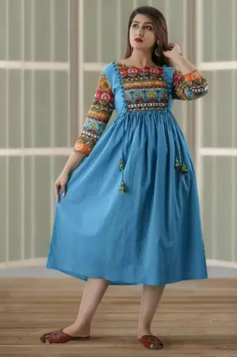 Blue Printed Rayon Anarkali Kurti