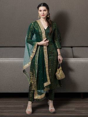 Bottle Green Brocade Straight Kurti With Straight Pants And Net Stone Dupatta 6