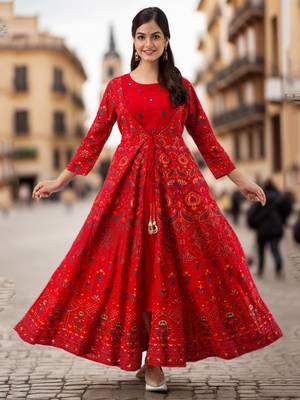 Embroidered Openfront Anarkali Kurta in Red 9
