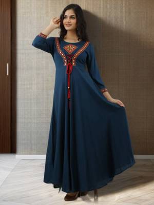 Women Embroidered Anarkali Kurta in Dark Blue 1