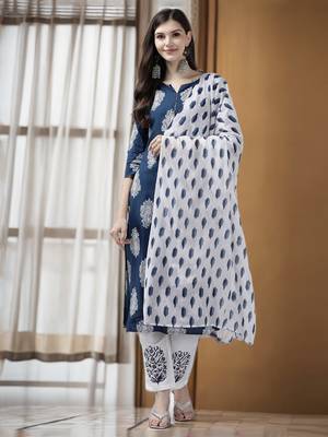 women blue paisley straight kurta palazzo and dupatta set 1