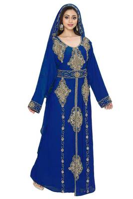 Royal Blue Full Sleeves Handmade Moroccan Kaftan Style Embroidered zari work hijab 1