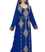 Royal Blue luxurious Full Sleeves Handmade Moroccan Kaftan Style Embroidered zari work hijab