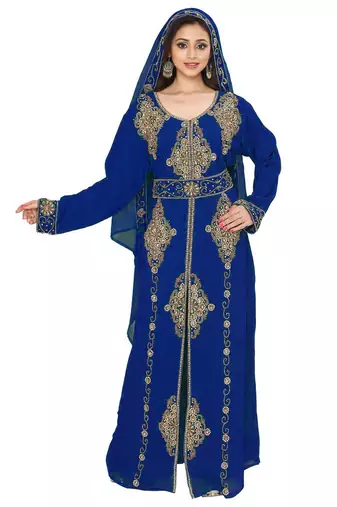 Royal Blue Full Sleeves Handmade Moroccan Kaftan Style Embroidered zari work hijab