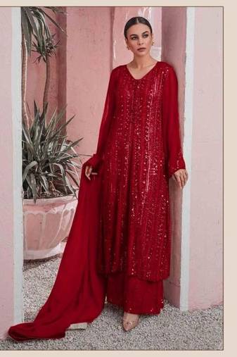Trendy Traditional Party Wear Salwar Suit Maroon Georgette Palazzo Straight main image 1