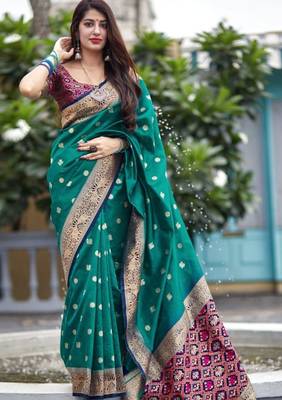  Art Silk Patola Green Sarees With Blouse 1