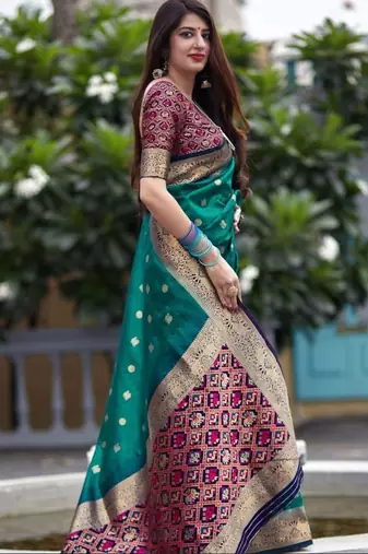  Art Silk Patola Green Sarees With Blouse