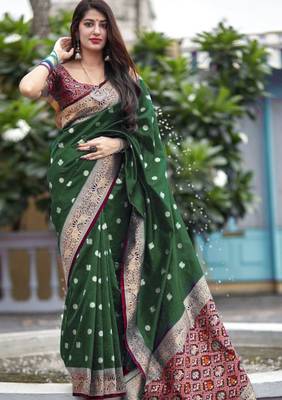  Art Silk Patola Mehendi Sarees With Blouse 1