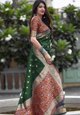  Art Silk Patola Mehendi Sarees With Blouse 2