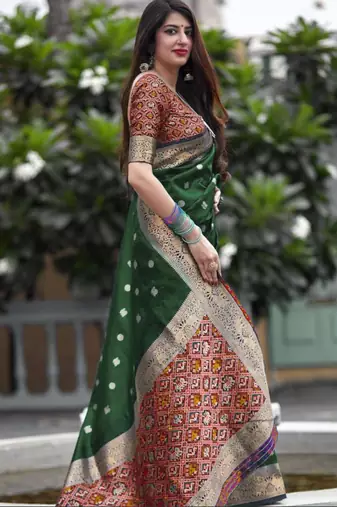  Art Silk Patola Mehendi Sarees With Blouse
