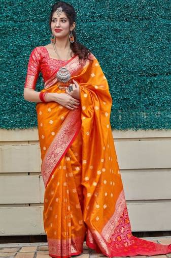  Art Silk Patola Orange Sarees With Blouse