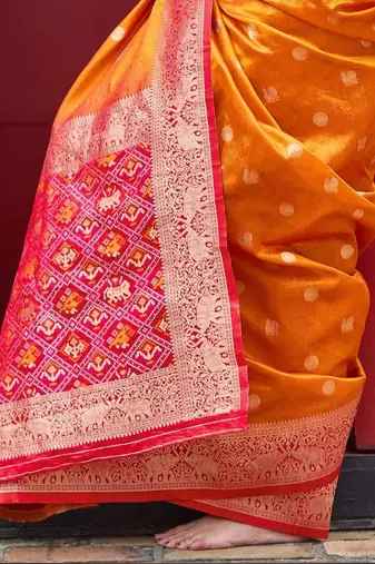  Art Silk Patola Orange Sarees With Blouse