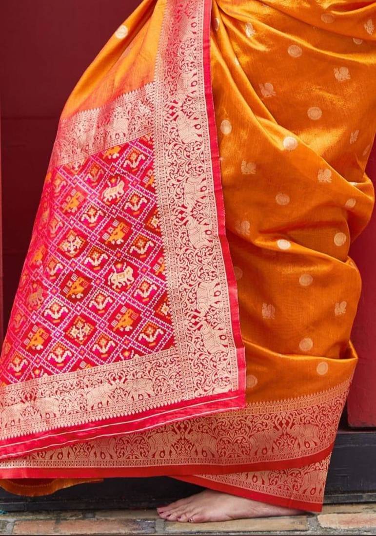  Art Silk Patola Orange Sarees With Blouse