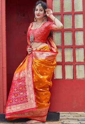  Art Silk Patola Orange Sarees With Blouse 3