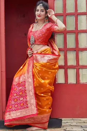  Art Silk Patola Orange Sarees With Blouse