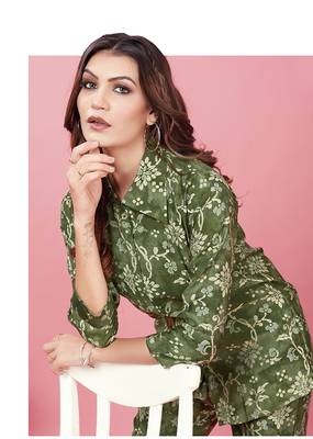 Green Color Printed Chanderi Co ord set 2