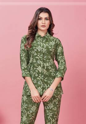 Green Color Printed Chanderi Co ord set 3