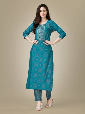 Textile cloth women's pista color viscose rayon embroidered kurta with pant 1