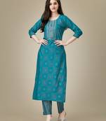 Textile cloth women's pista color viscose rayon embroidered kurta with pant