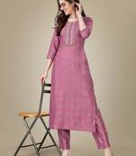 Textile cloth women's wine color viscose rayon embroidered kurta with pant