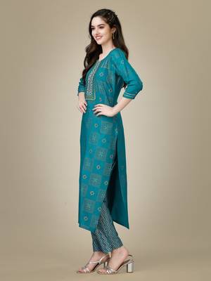 Textile cloth women's pista color viscose rayon embroidered kurta with pant 3