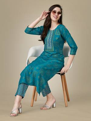 Textile cloth women's pista color viscose rayon embroidered kurta with pant 4