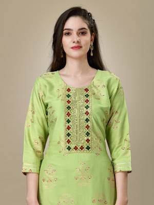 Textile cloth women's parrot color viscose rayon embroidered kurta with pant 4