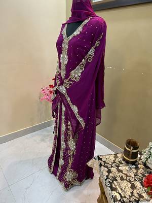 Sale !! Wine Fancy Moroccan Dubai Farasha Abaya Long Gown Kaftan Crystal Bedded Work Wedding Dresses 2