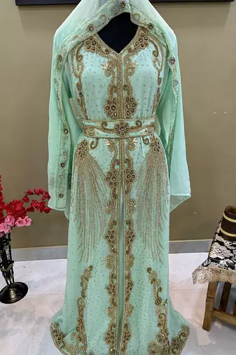 Sea Green Georgette Zari Work Kaftan