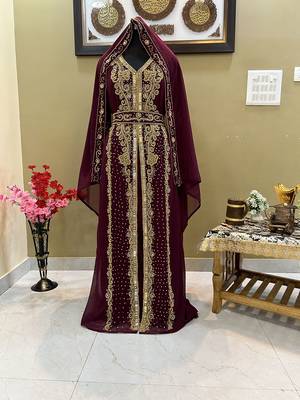 Grand Burgundy Georgette Kaftan Gown with Gold Zari Work | Luxury Event Wear 1