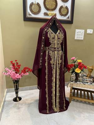 Grand Burgundy Georgette Kaftan Gown with Gold Zari Work | Luxury Event Wear 3