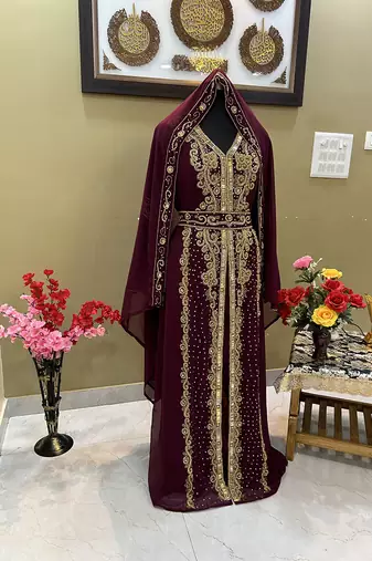 Grand Burgundy Georgette Kaftan Gown with Gold Zari Work | Luxury Event Wear