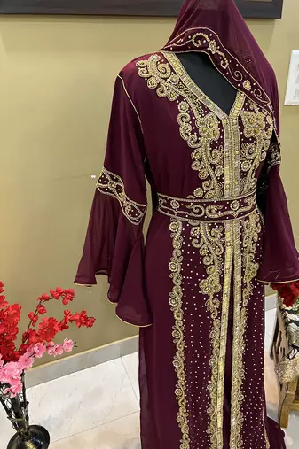 Grand Burgundy Georgette Kaftan Gown with Gold Zari Work | Luxury Event Wear