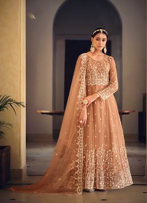 Peach color net embroidered anarkali suit 1