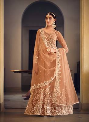 Peach color net embroidered anarkali suit 2