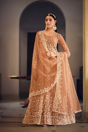 Peach color net embroidered anarkali suit