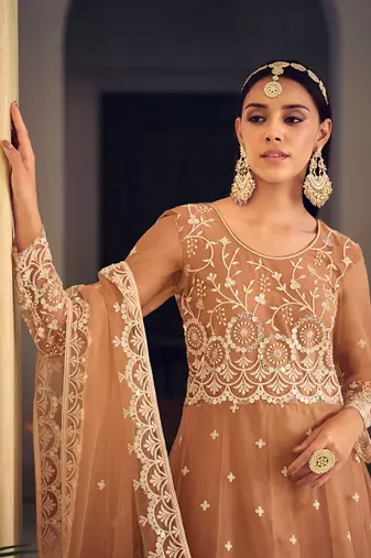 Peach color net embroidered anarkali suit