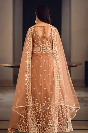 Peach color net embroidered anarkali suit