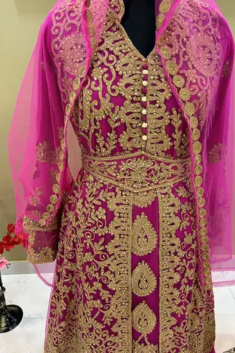 Grand Rani Pink Kaftan Gown with Heavy Gold Zari Work | Luxury Wedding & Party Dress