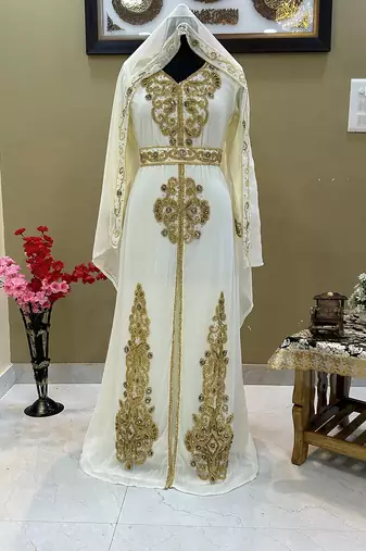 Sale!! Off-White Dubai Moroccan Beaded Kaftan Arabian Plus Size Party Fancy African Clothing Crystal Work Wedding Dress