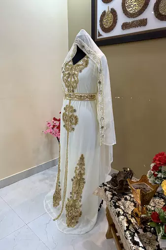 Sale!! Off-White Dubai Moroccan Beaded Kaftan Arabian Plus Size Party Fancy African Clothing Crystal Work Wedding Dress